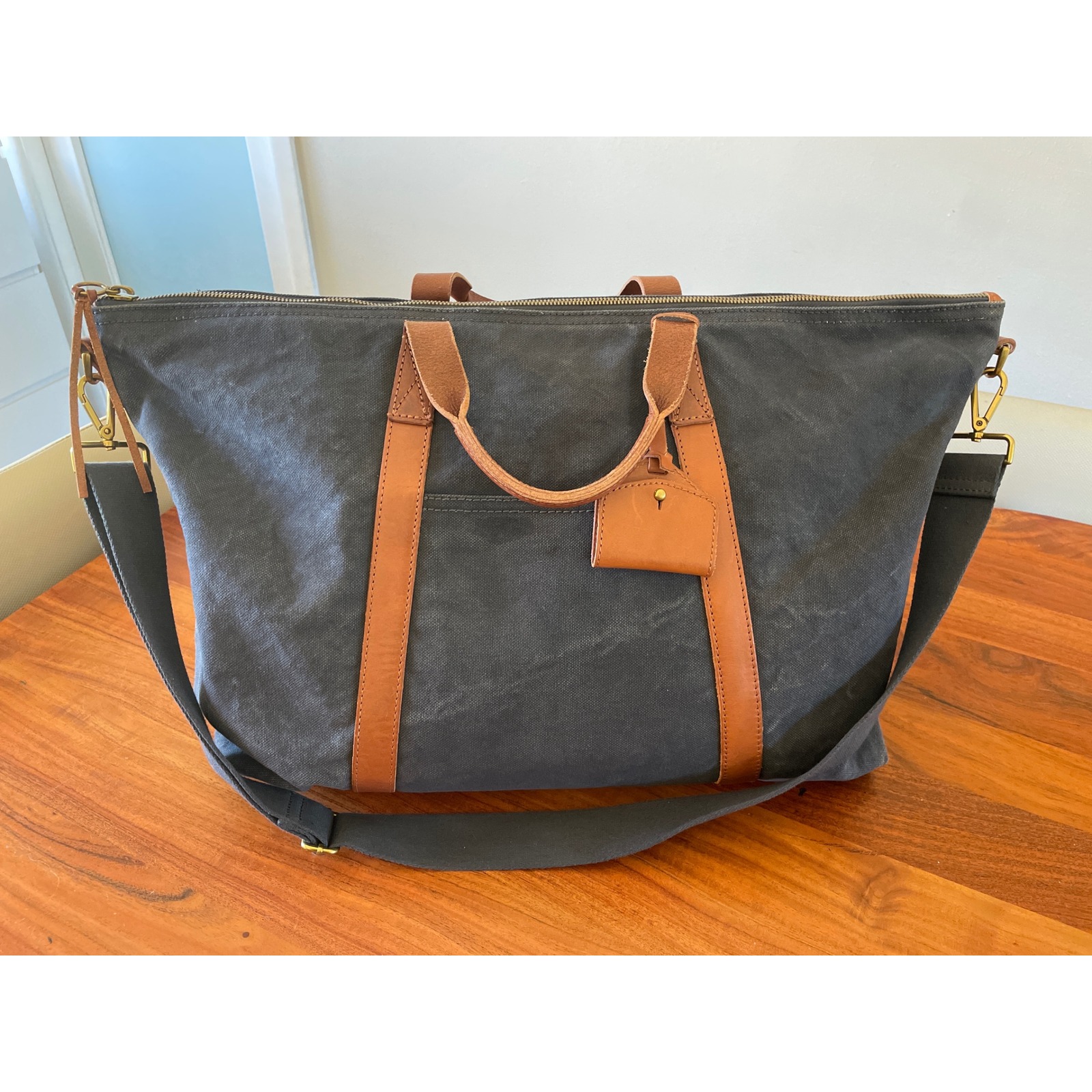 Madewell Weekend Overnight Waxed Canvas Bag Charcoal Gray Leather Trim Duffel